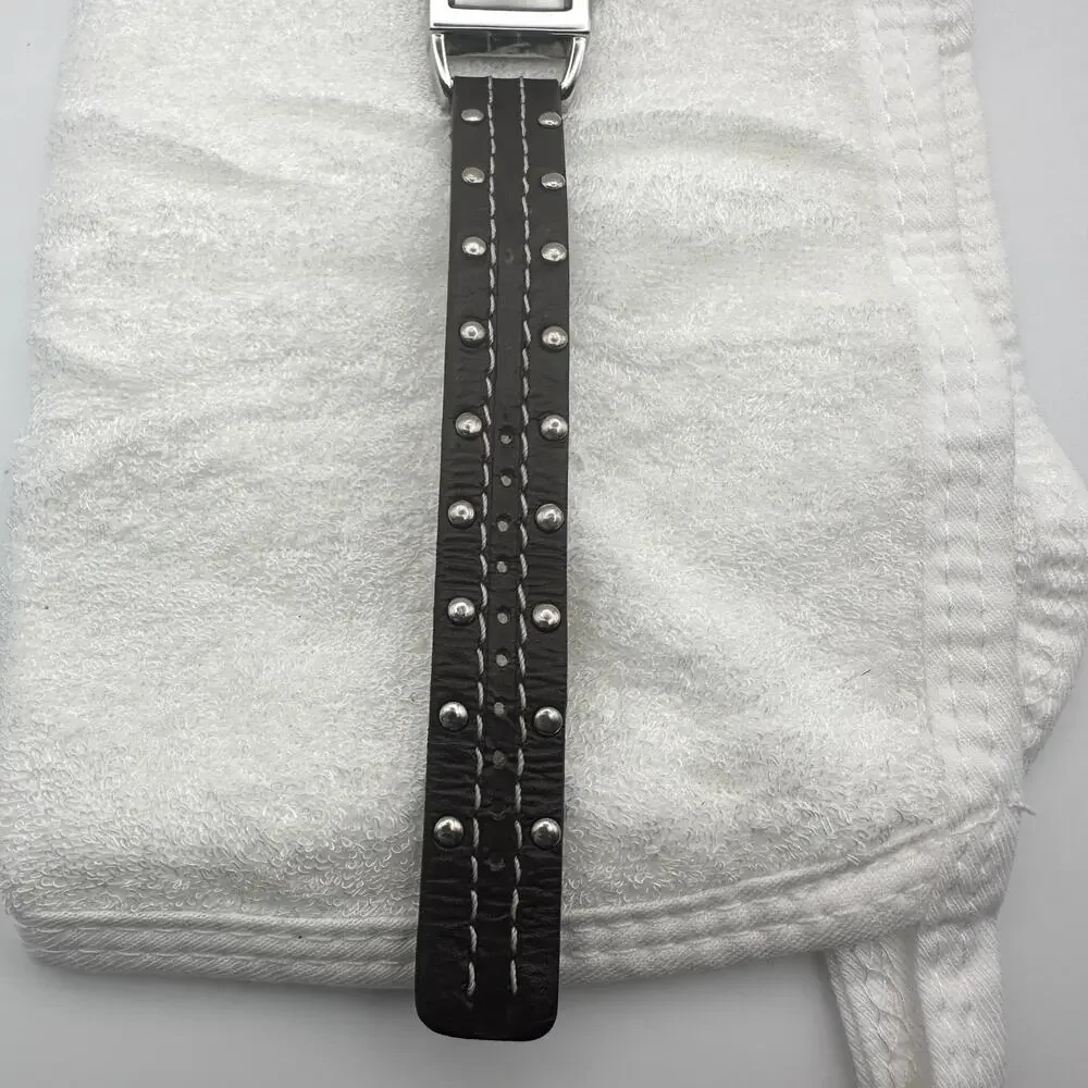 Avenue 9 Quartz Tank Watch Silver Dial Square Case Studded Brown Leather Strap